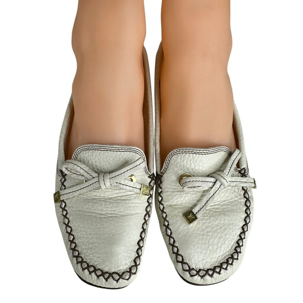 Louis Vuitton Gloria Shoes Flat Loafers Ivory US 6.5 EU 36.5 Leather Bow Logo - Picture 2 of 15